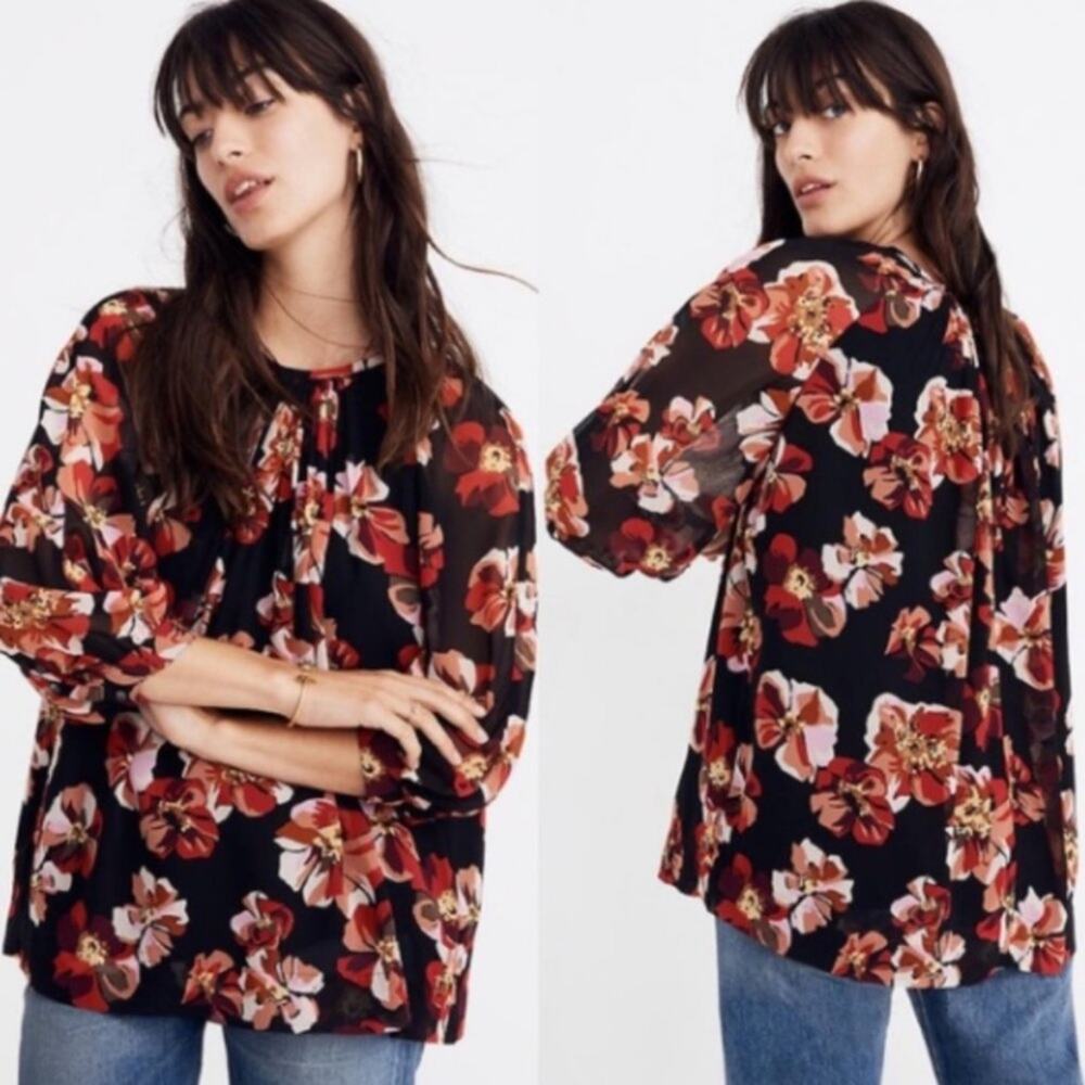 NWT Madewell Floral Peasant Blouse XS Black Sheer 3/4 Sleeve Boho Top